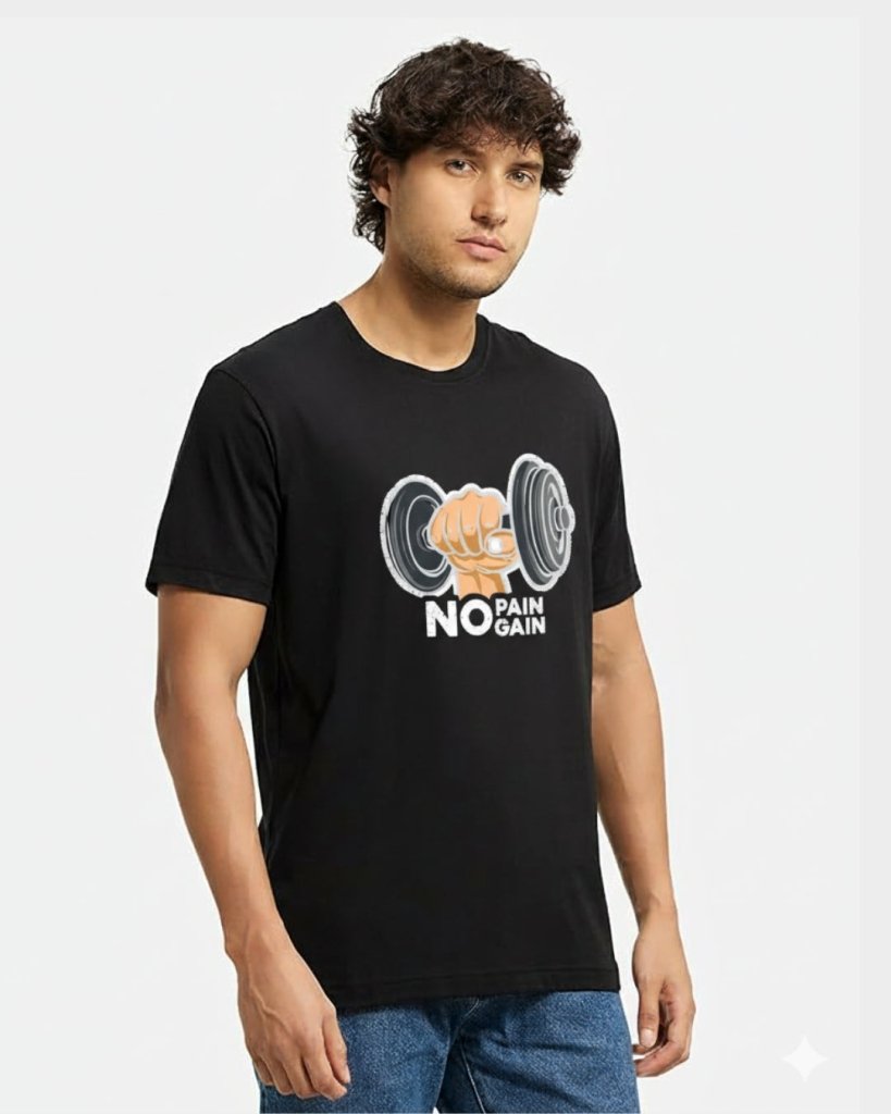 Men’s Black Gym T-Shirt – No Pain No Gain Dumbbell | Therangroop - Therangroop