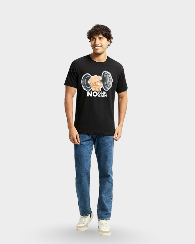 Men’s Black Gym T-Shirt – No Pain No Gain Dumbbell | Therangroop - Therangroop