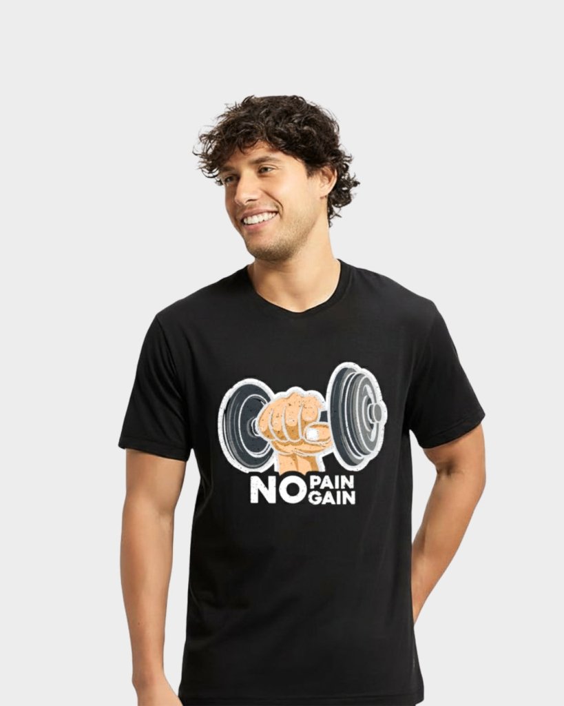 Men’s Black Gym T-Shirt – No Pain No Gain Dumbbell | Therangroop - Therangroop