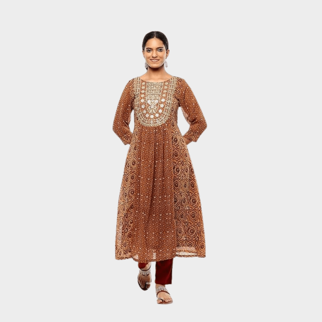 Navy Blue and Rust Printed Peplum Kurti - Therangroop