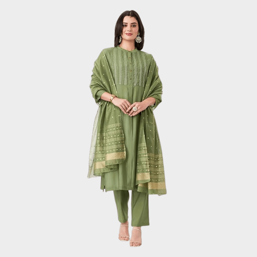 Olive Green Straight Kurta Set with Golden Dupatta Detailing - Therangroop