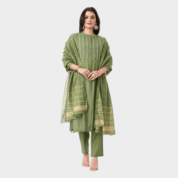 Olive Green Straight Kurta Set with Golden Dupatta Detailing - Therangroop