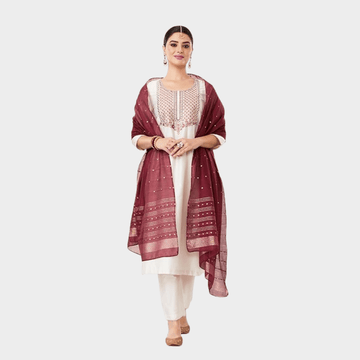 Olive Green Straight Kurta Set with Golden Dupatta Detailing - Therangroop